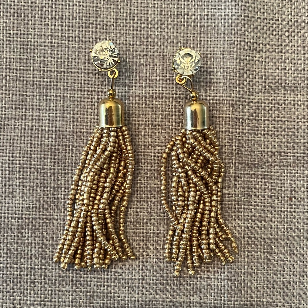✨ Gold Beaded Tassel Earrings with Rhinestone Accent – Elegant Statement Dangle✨ - Picture 3 of 4